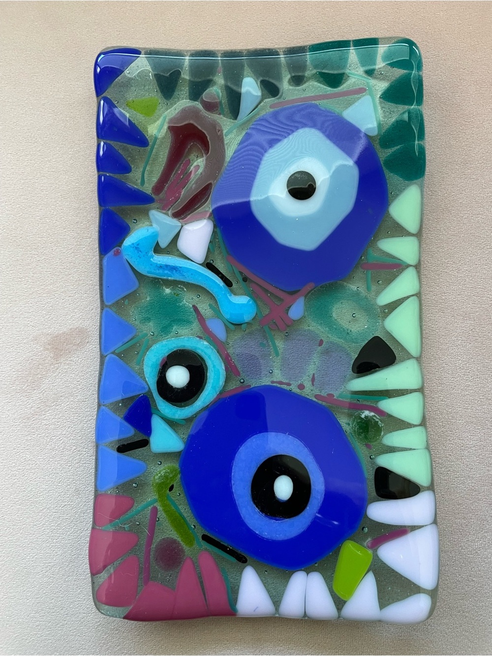 “Island Memories “Original Fused Art Glass  Handmade  9”x5” Rectangular Tray